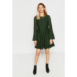 ZARA Emerald Green Lace Long Sleeve Bell Sleeve Tulip Dress // S0